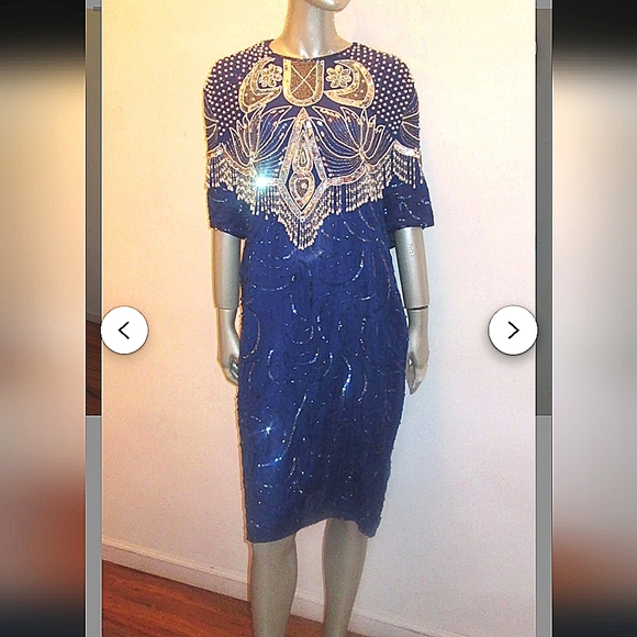 Vintage Western Bib Pearl Fringe & Silver Sequin Moon Silk Shift Dress XL - Picture 2 of 16